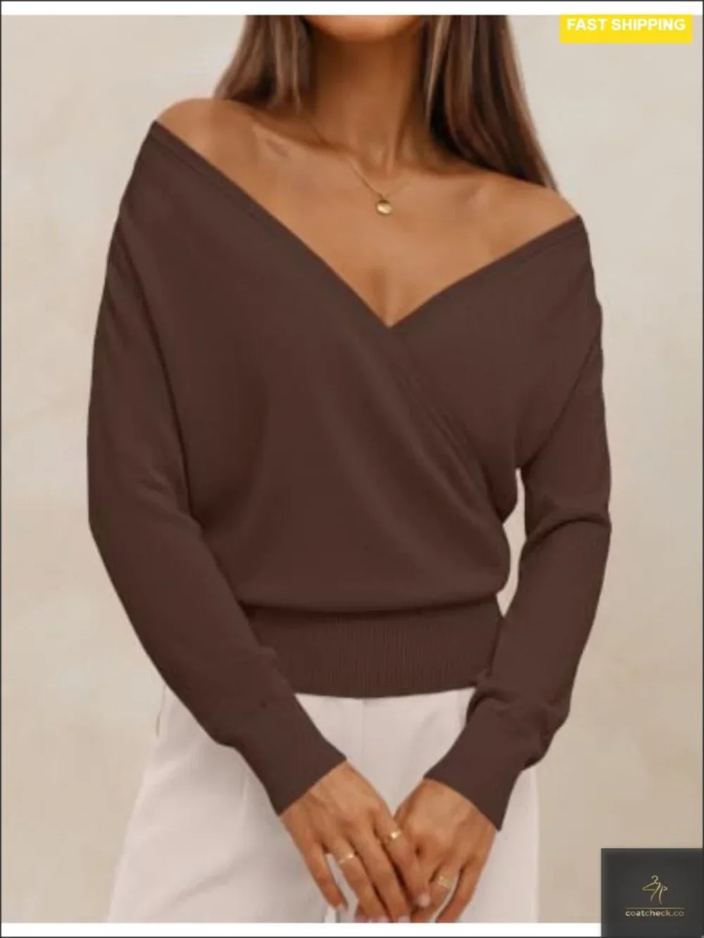 V Neck Wrap Sweater for Women Long Sleeve Knit Pullover Hidden Snap